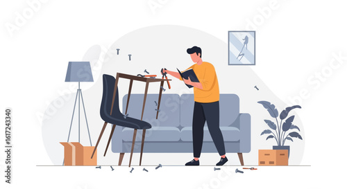 Man Assembling Furniture At Home Following Instructions Manual In Living Room