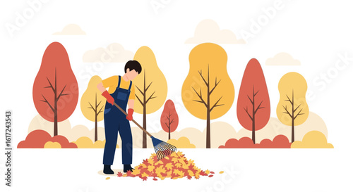 Illustration of a man raking autumn leaves in a park setting with colorful trees a perfect autumn landscape scene