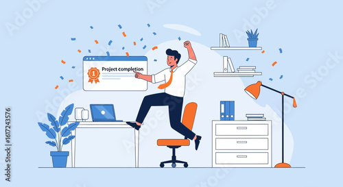 Man Celebrates Project Completion With Exuberance In Home Office Environment