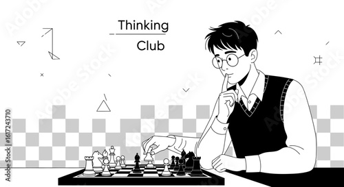 Man Concentrating On A Chess Board Strategy In Black And White