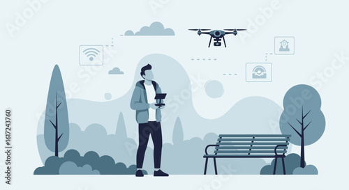 Man Controls Drone In Park Setting With Modern Technology And Nature Scenes