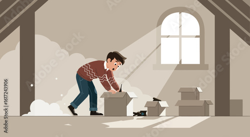 Man discovering old memories while rummaging through boxes in attic space