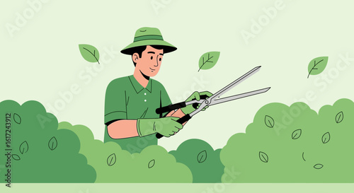Man Cutting Bushes In The Garden And Gardening Work Activities