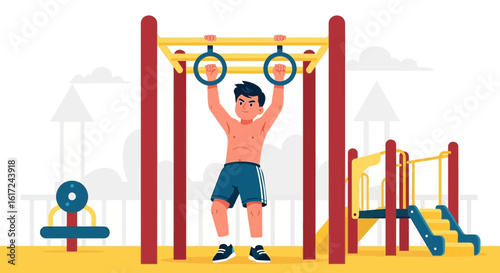 Man Doing Gymnastics Rings Workout at Outdoor Playground in Summer