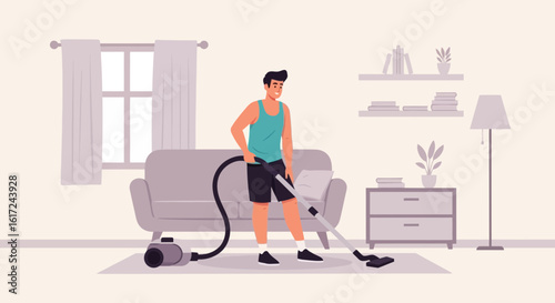 Man doing household chores vacuuming the rug in the living room during weekend home cleaning routine