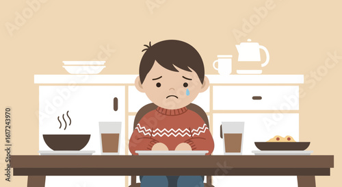 Illustration of a sad boy at the table with a plate of food he dislikes evoking childhood feelings