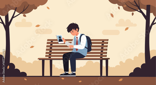 Illustration of a Sad Young Man Sitting on a Bench in a Park Looking at a Tablet