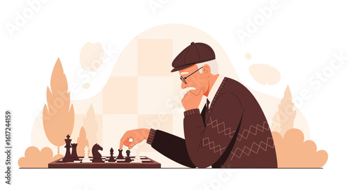 Illustration of a senior man deeply engrossed in playing chess outdoors showing strategy