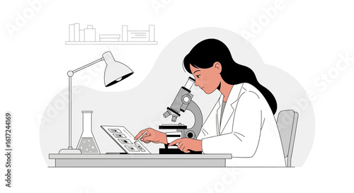 Illustration of a scientist working with a microscope and digital data analysis for medical research in a laboratory