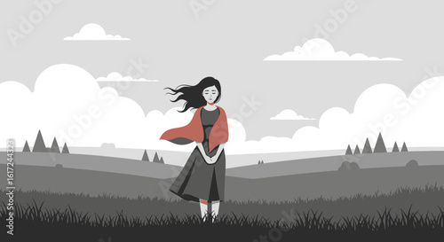 Illustration of a serene woman standing in a windswept grayscale landscape wearing a red shawl creating a sense of peace and reflection