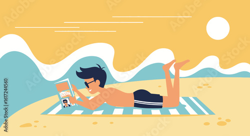Man enjoys a beach day reading a magazine on a towel under the sun with a serene and calm sea backdrop