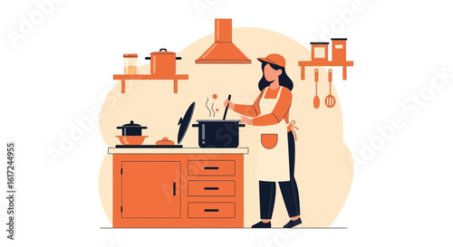 Illustration of a woman cooking in a kitchen with various cooking utensils and accessories showcasing healthy eating