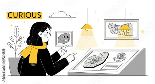 Illustration of a woman curiously exploring fossils at a museum exhibition displayed in frames