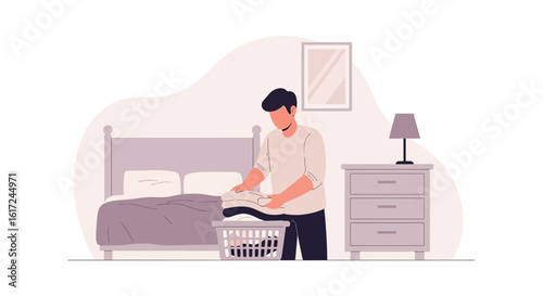 Man Folding Laundry In His Bedroom At Home In A Relaxing Environment