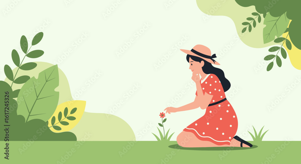 Naklejka premium Illustration of a woman in a garden contemplating a flower in a serene natural setting