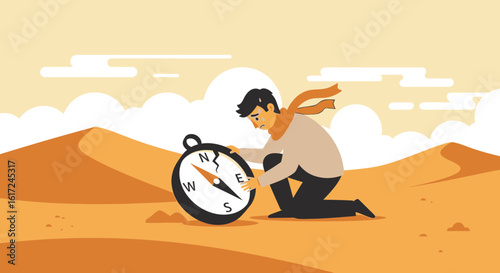 Man In Desert Kneeling With Broken Compass Lost Direction Crisis Concept