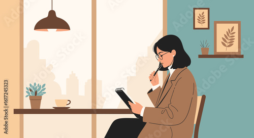 Illustration of a woman in contemplation with notebook at a cafe window scene