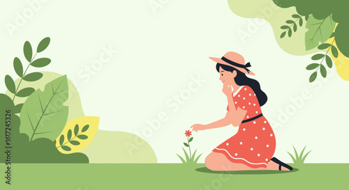 Illustration of a woman in a garden contemplating a flower in a serene natural setting