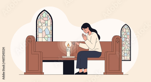 Illustration of a woman praying in a church, seeking solace and faith with stained glass and a lit candle adding to the serene atmosphere