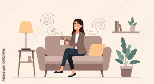 Illustration of a woman relaxing with a cup of coffee on her couch at home vector art