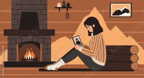 Illustration of a woman reminiscing by the fireplace, longing for connection and warmth in a cozy interior setting