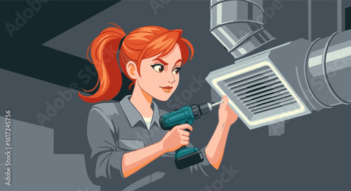 Cartoon woman with red hair using a teal drill on a vent