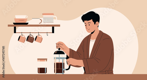 Man In Robe Preparing Morning Coffee Using French Press At Home