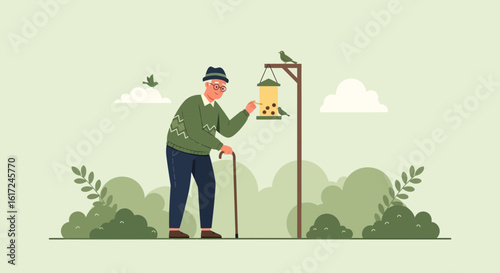 Man In Nature Giving Food To Birds In A Feeder Flat Design Vector