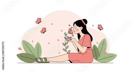 Illustration of a woman smelling a rose surrounded by butterflies in a peaceful environment