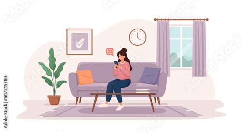 Illustration of a woman using a smartphone while relaxing on the sofa at home relaxing time