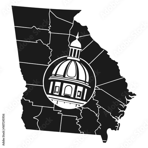 Black and white graphic of the state of Georgia with a capitol building dome in a circle overlay.