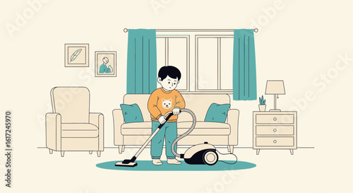 Illustration of a young boy cleaning a living room with a vacuum cleaner creating a neat environment