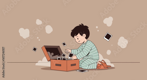 Illustration of a young boy reminiscing over old photographs from a memory box