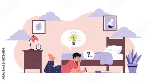Man Lying Down Thinking About an Idea With Lightbulb Coming From Head
