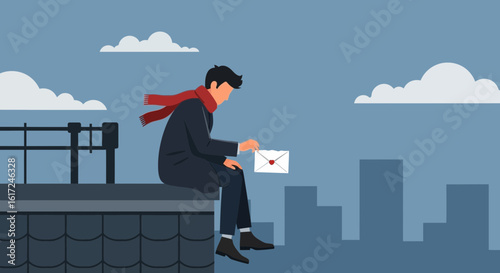 Man on Building Edge with Love Letter: A poignant illustration of solitude and affection