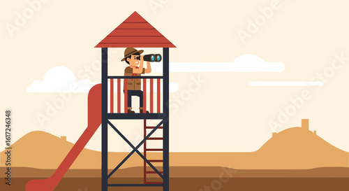Man On Lookout Tower Observes Scenery Using Binoculars From A High Vantage Point