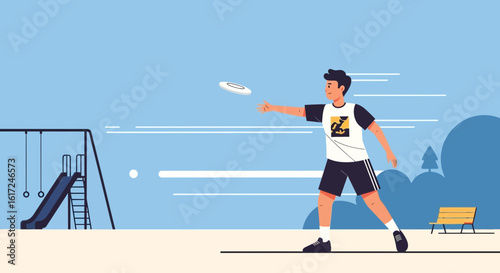 Man Playing Frisbee At The Park Having Fun And Enjoying Weekend Time