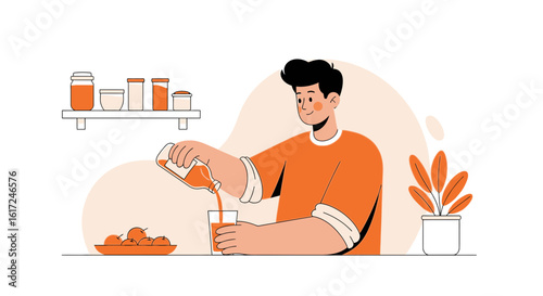 Man Pouring Freshly Squeezed Orange Juice In Glass Minimalist Vector Art