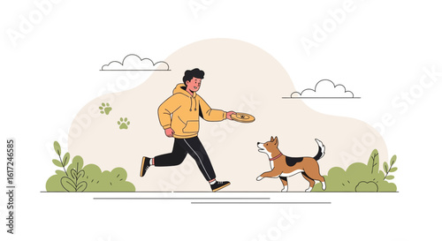 Man Playing Frisbee With Dog Outdoors During Walk In the Park