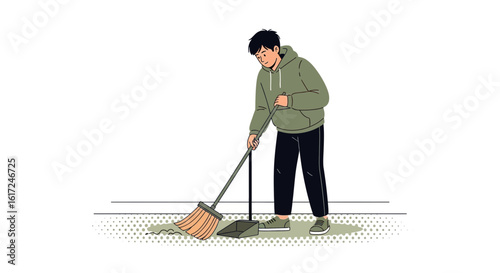 Illustration of a young man sweeping the floor with a broom and dustpan concept for cleaning and sanitation
