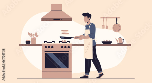Man Preparing Pancakes In A Bright Modern Kitchen Illustration