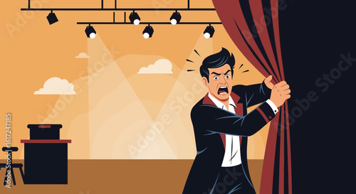 Man Pulling Back Theater Curtains Annoyed Expression On Stage Show