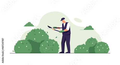 Man Pruning Bushes Outdoors Maintaining The Garden And Green Landscaping