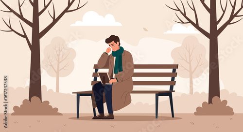 Man Reminiscing A Memory Sitting Alone On Park Bench Holding Old Photo