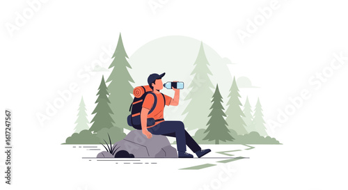 Man Resting And Hydrating During Hike Through Serene Pine Forest