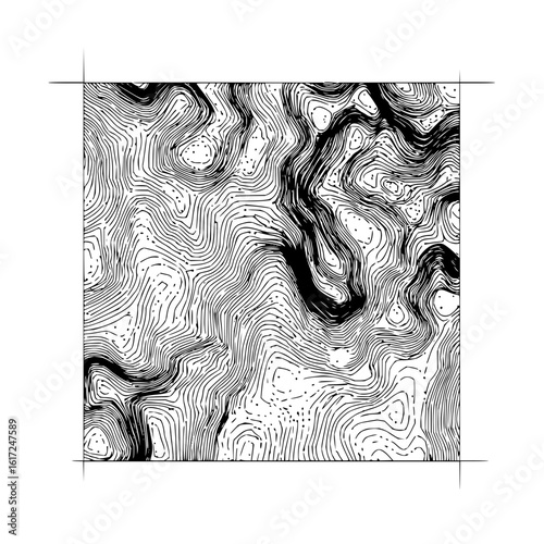 Topographic map illustration showing contour lines and elevation changes in a square frame design style