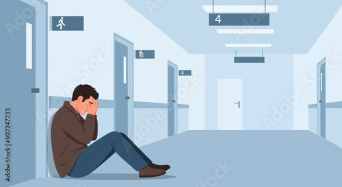 Man Sitting Frustrated In A Hospital Hallway Depicting The Emotions Of Grief
