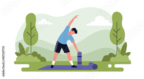 Illustration showcasing a man stretching outdoors with a yoga mat in a peaceful scene