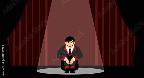 Man Sitting On Stage In Spotlight With Sad Expression And Clown Makeup