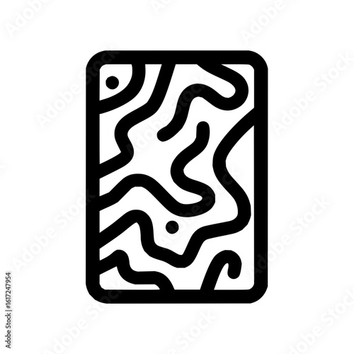 Abstract rounded rectangle with irregular black lines and dots creating a maze like pattern inside it